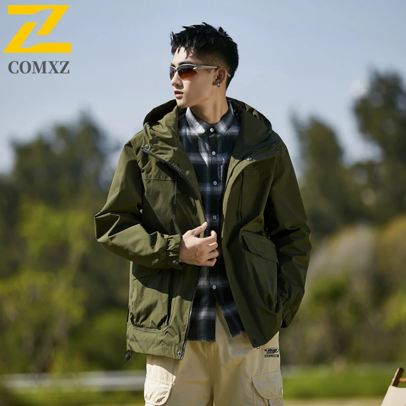 Outdoor Cargo Windbreaker Jacket Men's Autumn 2025 New Fashion Waterproof Multi-Pocket Work Hooded Coat Couple Fishing Jackets