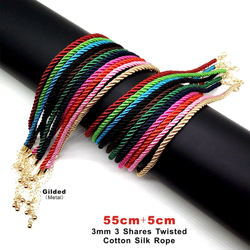 3 Pcs/lot Gold Color 3mm 3 Shares Twisted Cotton Silk Cord Necklace Adjustable Rope Chain Lobster Clasp DIY Jewelry Making