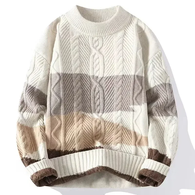 New Japanese and Korean Style Men's Round Neck Twisted Pattern Fashionable and Versatile Color-blocked Winter Knitted Sweater.