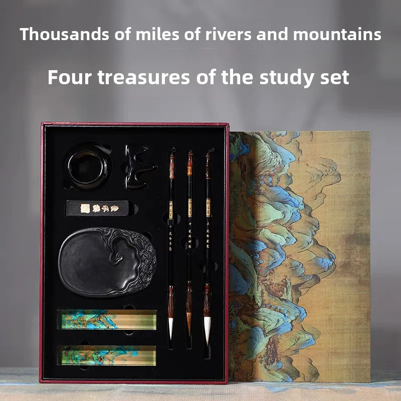 Chinese Calligraphy Writing Set with Ink Stone Brush Ink Stick Paper Weight in Wooden Gift Box for Beginners Practice and