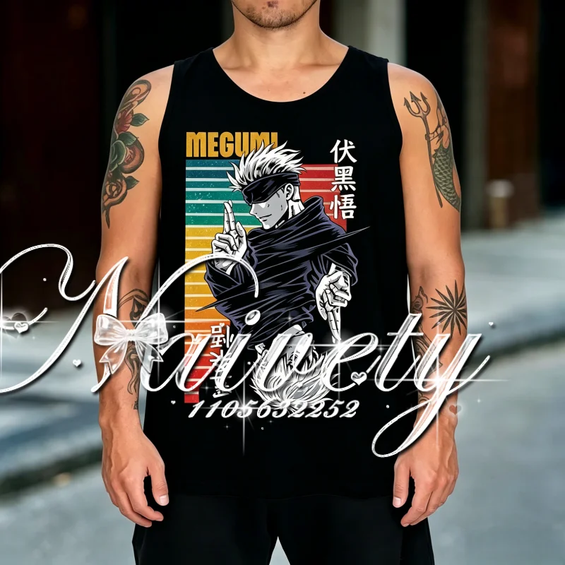 Summer New Jujutsu Kaisen Gojo Satoru 3D Print Crew Neck Tank Top Basketball Vest, Unisex Cool Anime Manga Sports Sleeveless Tee