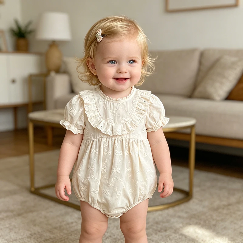  ﻿ 2026 Neugeborenen Sommer Neu 0-24M Baby Mädchen Strampler Einfarbig Kurzarm Body mit Schleife Süße Stickerei Bodysuits