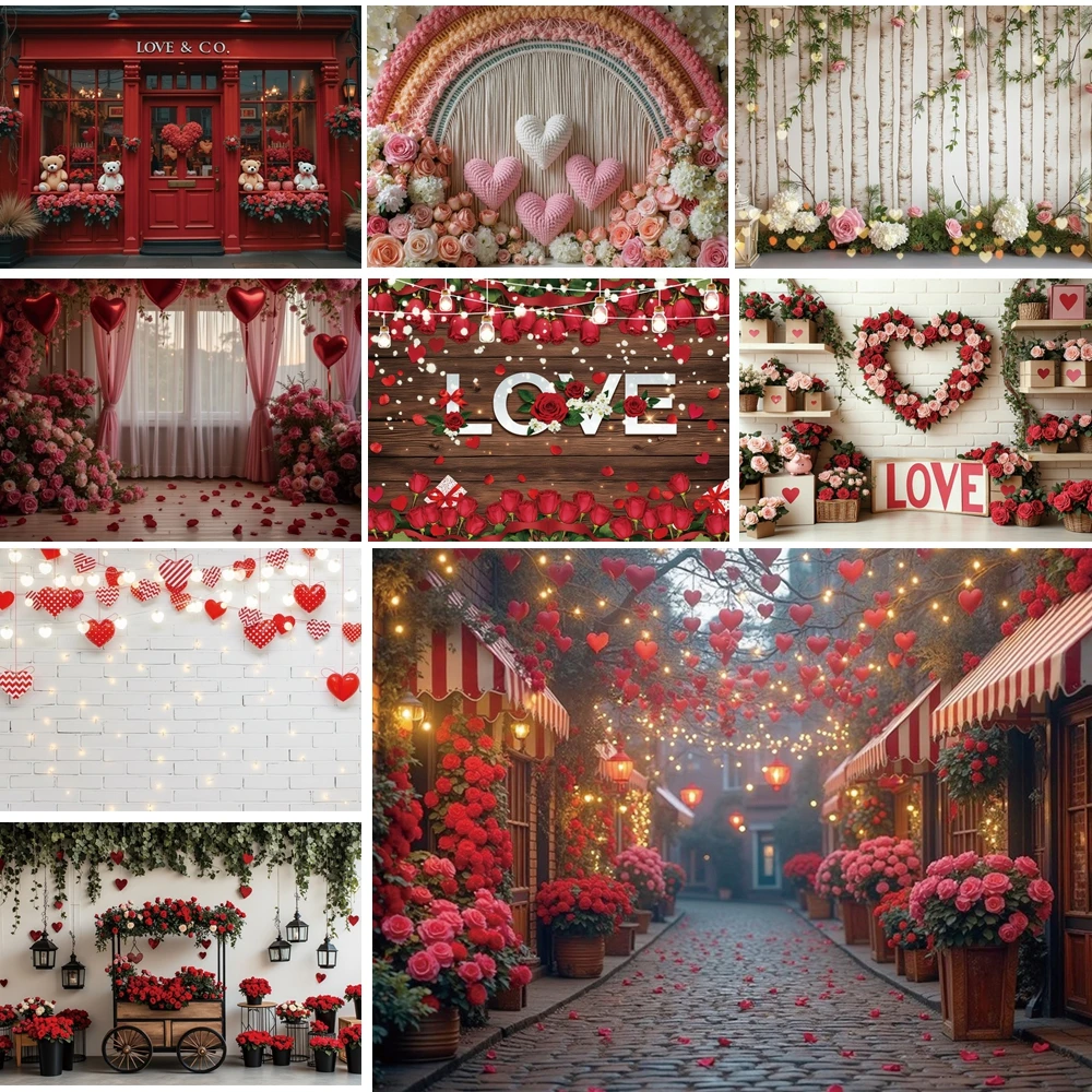 

MOON.QG Valentine'S Day Decoration Backdrop Arch Rainbow Street Rose Backgrounds Photographs Girl Photo Studio Photocall Decor