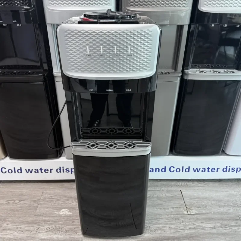 Designer panel top water dispenser, three faucets, hot and cold warm water, with locker