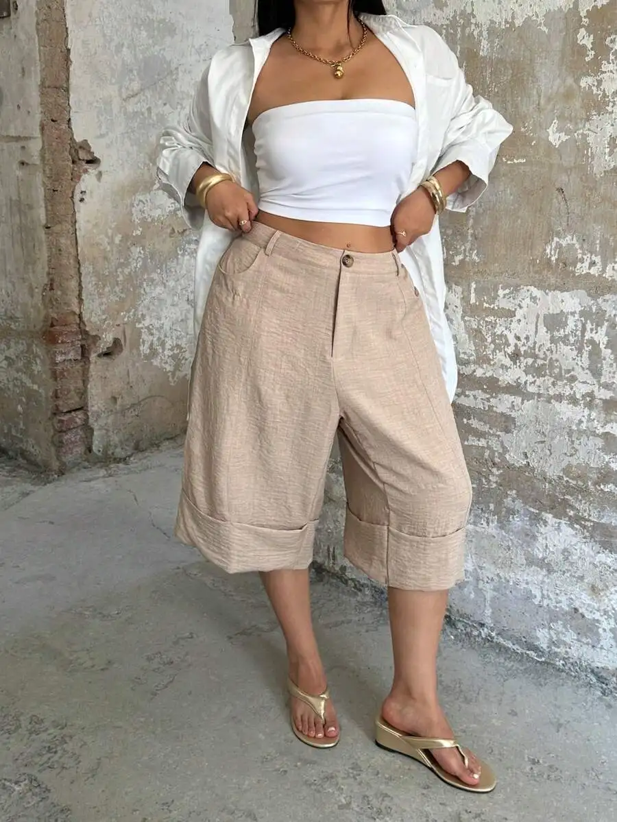 

POPSWAY New Elegant Fashion Casual Design Cuffed Hem Capri Length High Waist Wide Leg Pants For Women, Loose & Flattering,