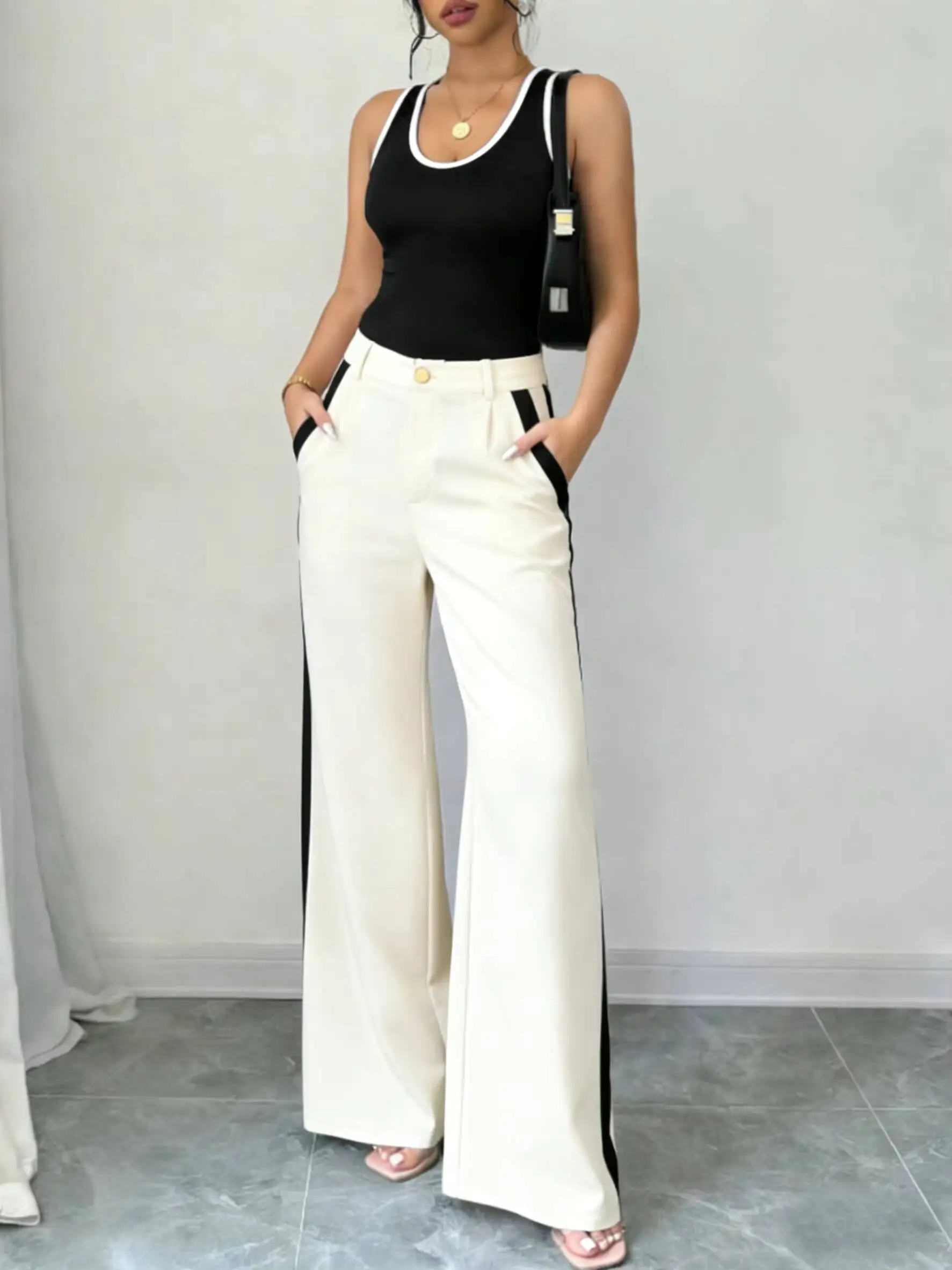 

Women's Trousers Set Contrast Trim Tank Top High Waist Wide Leg Pants Two Piece Set Spring Summer Office Street Casual Outfit