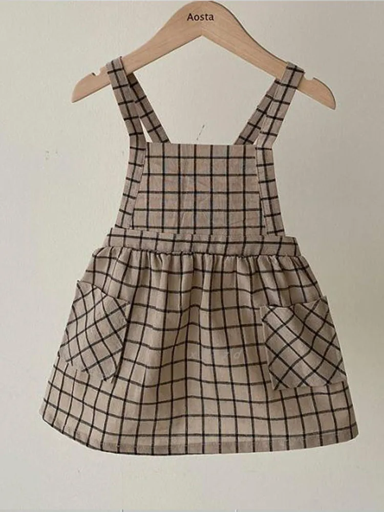 

Korean Children's Clothing Spring Parent-child Wear Boys and Girls Plaid Overalls Suit Overalls Skirt Dress baby girl clothes