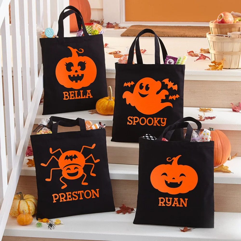 

Personalized Kids Name Ghostly Ghouls Halloween Treat Bag Reflective Black Trick-or-Treat Bag for Kids Spooky Party Favor Bag