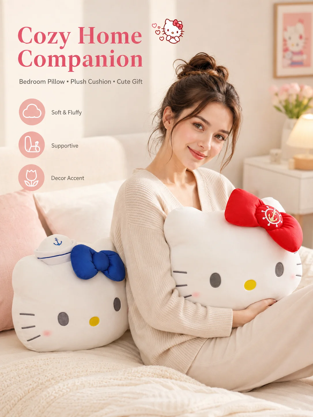 Hello Kitty Sanrio Kawaii Soft Back Support Pillow Plush Sofa Cushion Girls Bedroom Bed Lumbar Waist Rest Home Decoration Gift
