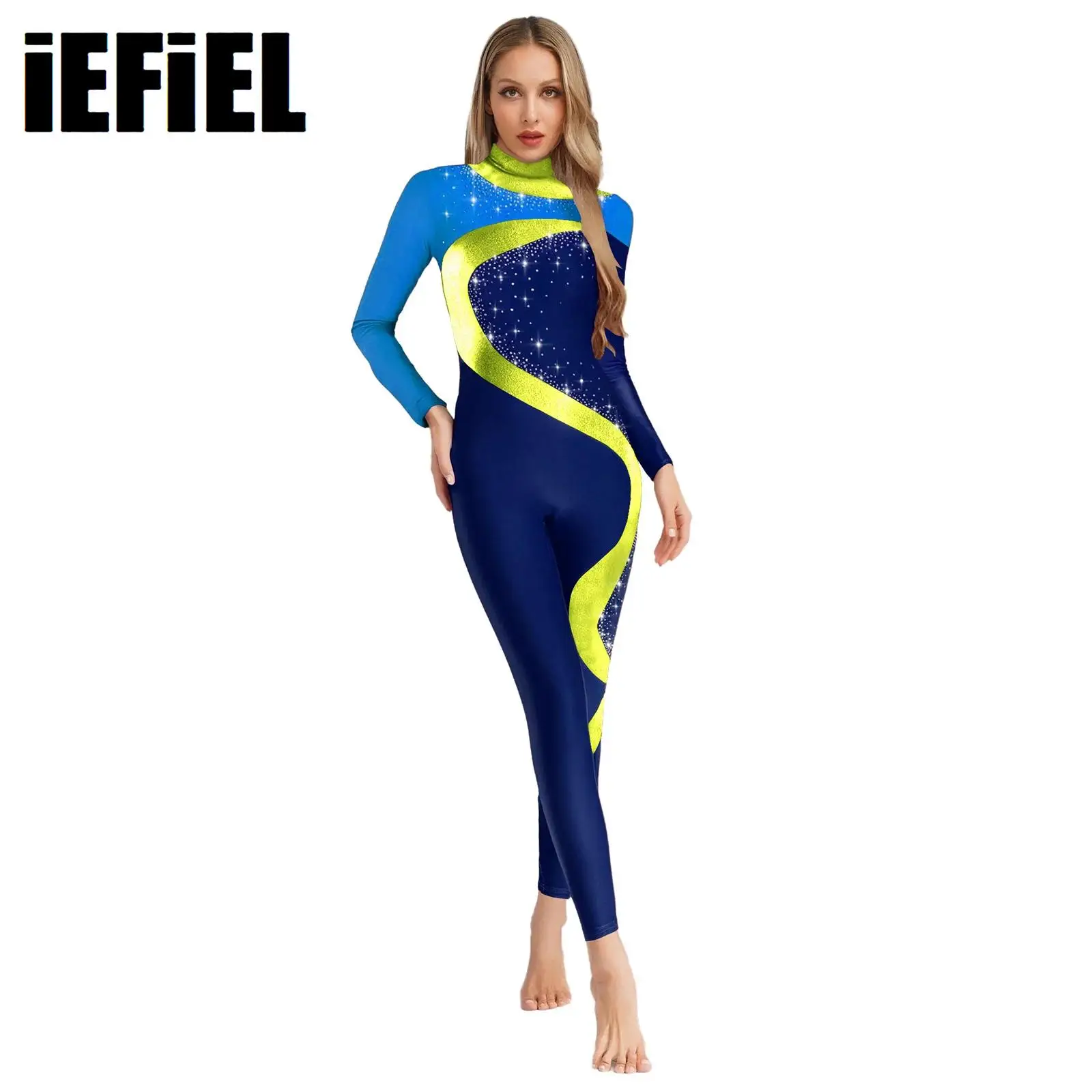 

Womens Gymnastics Unitard Bodysuit Mock Neck Long Sleeve Back Hollow Out One Piece Jumpsuit Dance Skating Rompers