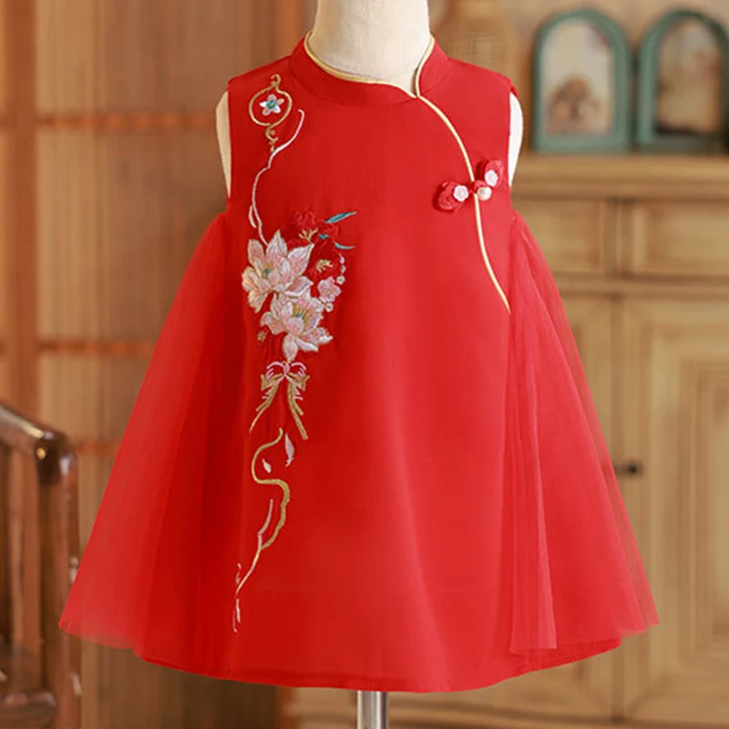 Summer Kids Clothes Girl Chinese Style Fashion Embroidery Flowers Sleeveless Princess Birthday Baby Dress Toddler Dresses BC324