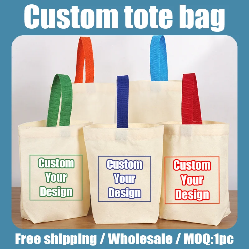 Custom Logo Mini Canvas Tote Bag Color Handle Small Reusable Shopping Bag Cultural Souvenir Student Gift Party Favor Bag