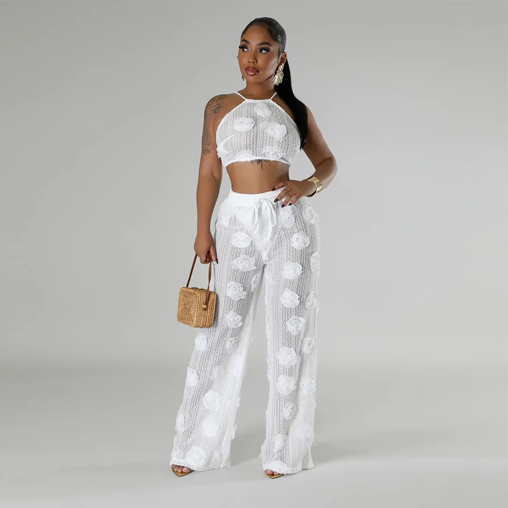 Sexy Crop Mesh Tops Two Piece Pant Set Outfits Matching Sets 2024 Women Y2K Streetwear Elegant Flower 2 Piece Summer Set