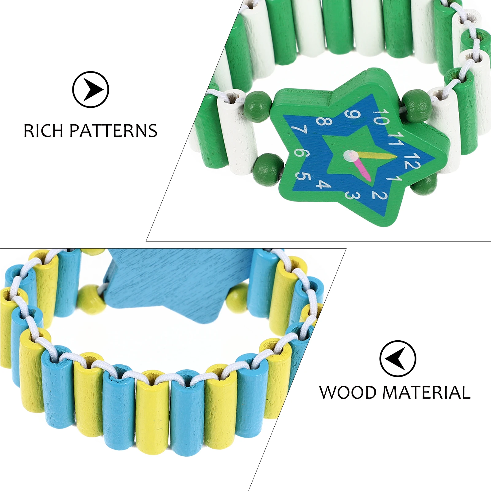 3pcs Wooden Cartoon Simulation Wristwatches For Cute Bracelet Educational Safe Eco-Friendly Paint Develop Child Skills