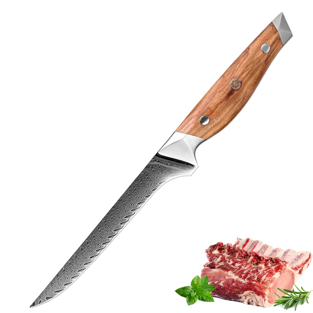 6-Zoll-Filetmesser aus Damaststahl, japanisches Pro-Küchenmesser, scharfes Fischmesser zum Zerlegen mit ergonomischem Griff aus Olivenholz