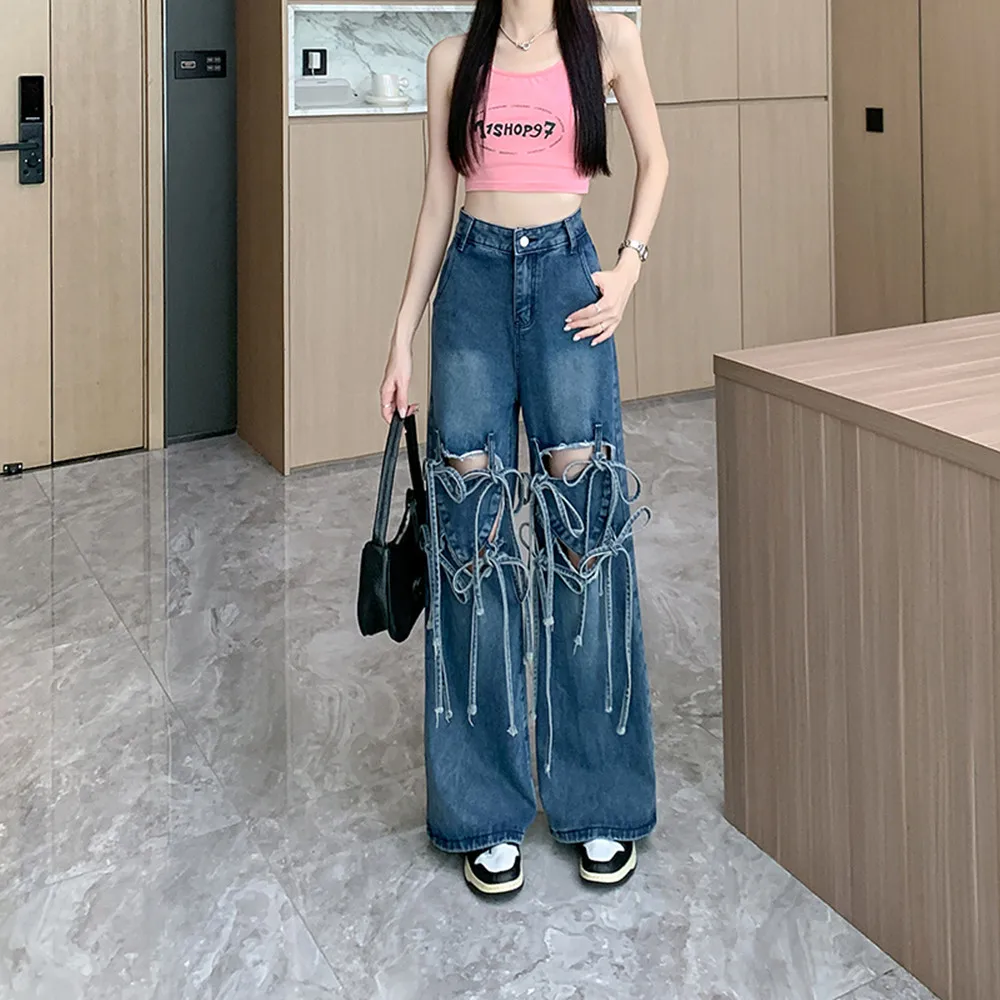 

American Vintage Trousers Style Ripped Hole Love Heart Lace Up Jeans Summer Blue Cozy Casual Wide Leg Pants Sexy Sweet Harajuku