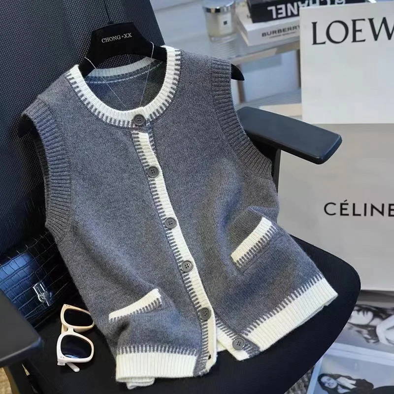 

00% чистая шерсть, вязаный жилет, женский свободный утягивающий многослойный топ на бретелях, круглый Ne Commute Sle, корейская версия, мягкая женская...