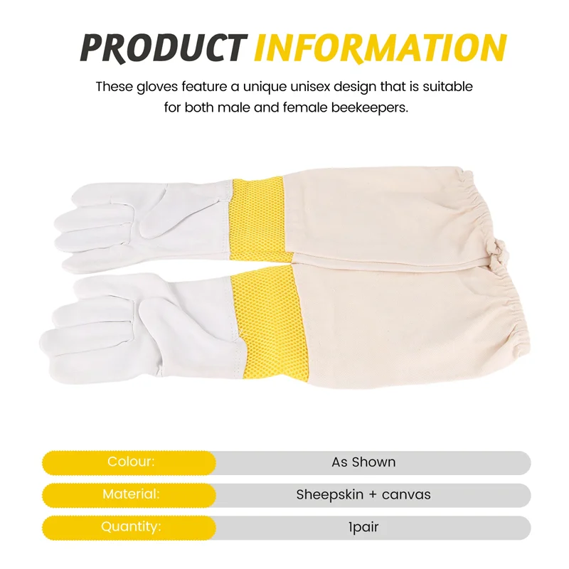 Beekeeping Gloves Beekeeping Tools White Leather Golden Yellow Mesh Short Mesh Breathable Gloves Bee Protection Tools-B91B