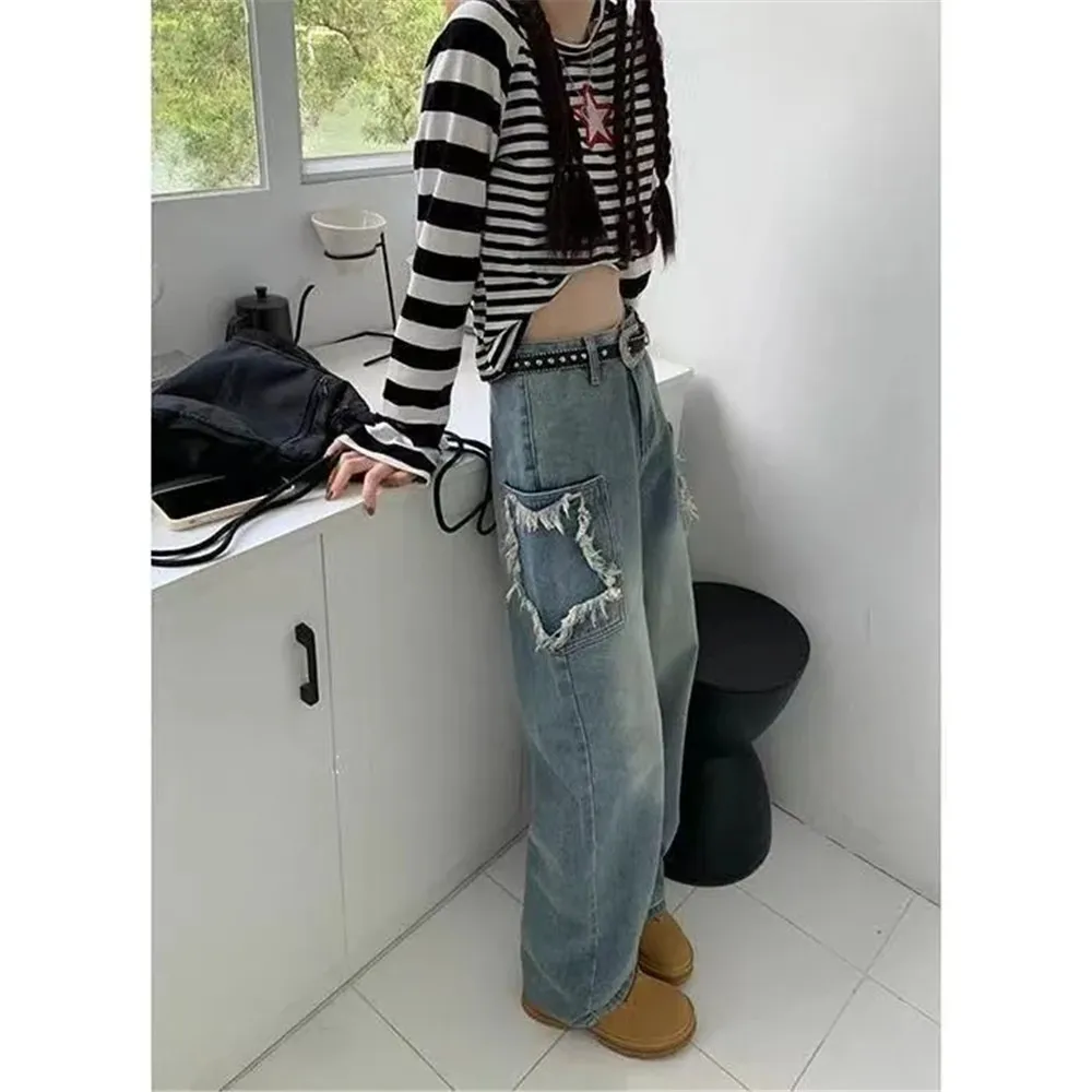 

Vintage Harajuku Street Y2k Baggy Jeans Women High Waisted Casual Straight Denim Pants Design Wide Leg Cargo 90s Denim Trousers