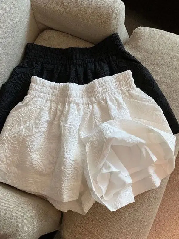 High Waisted Casual Sports Pure Color Floral Embossing Wide Leg Short Pants for Women Comfortable High Waist Loose Fit Trousers