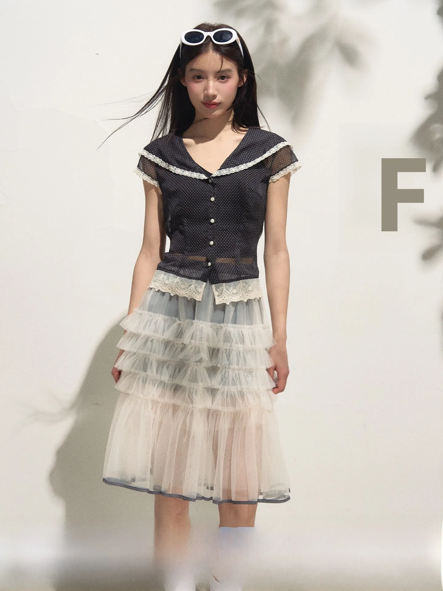 

Anna Cute Polka Dot Navy Collar Lace Splice Short Sleeve V Neck Women's Shirt Breathable Polyester Fiber Cute Style Commute S...
