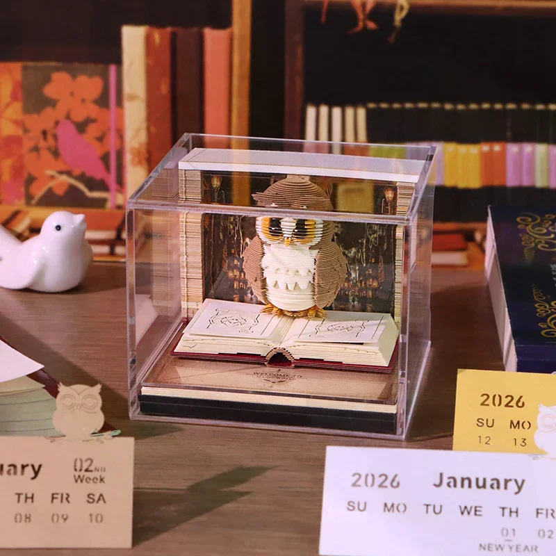Time Piece Calendar 2026 Desk Calendar With Light 3D Magic Owl Calendar Paper Carving Art Memo Pad Notepad Gift for Christmas