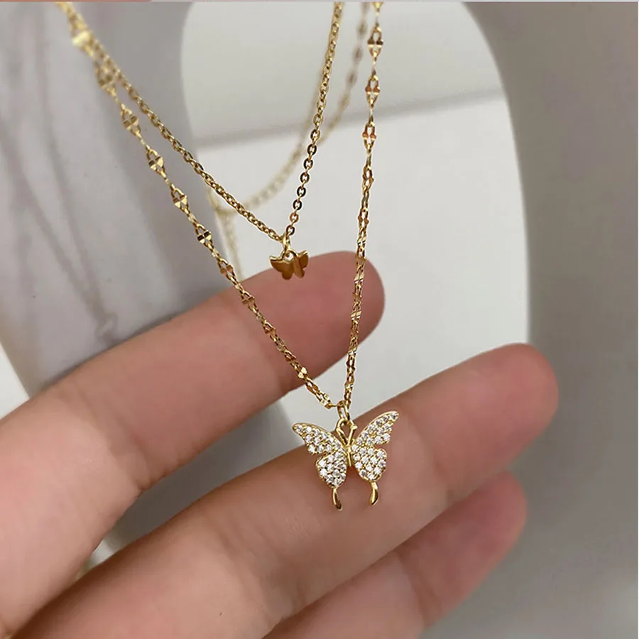 New Double Clavicle Chain Niche Design Mori Diamond Butterfly Necklace Internet Celebrant All-Match image 4