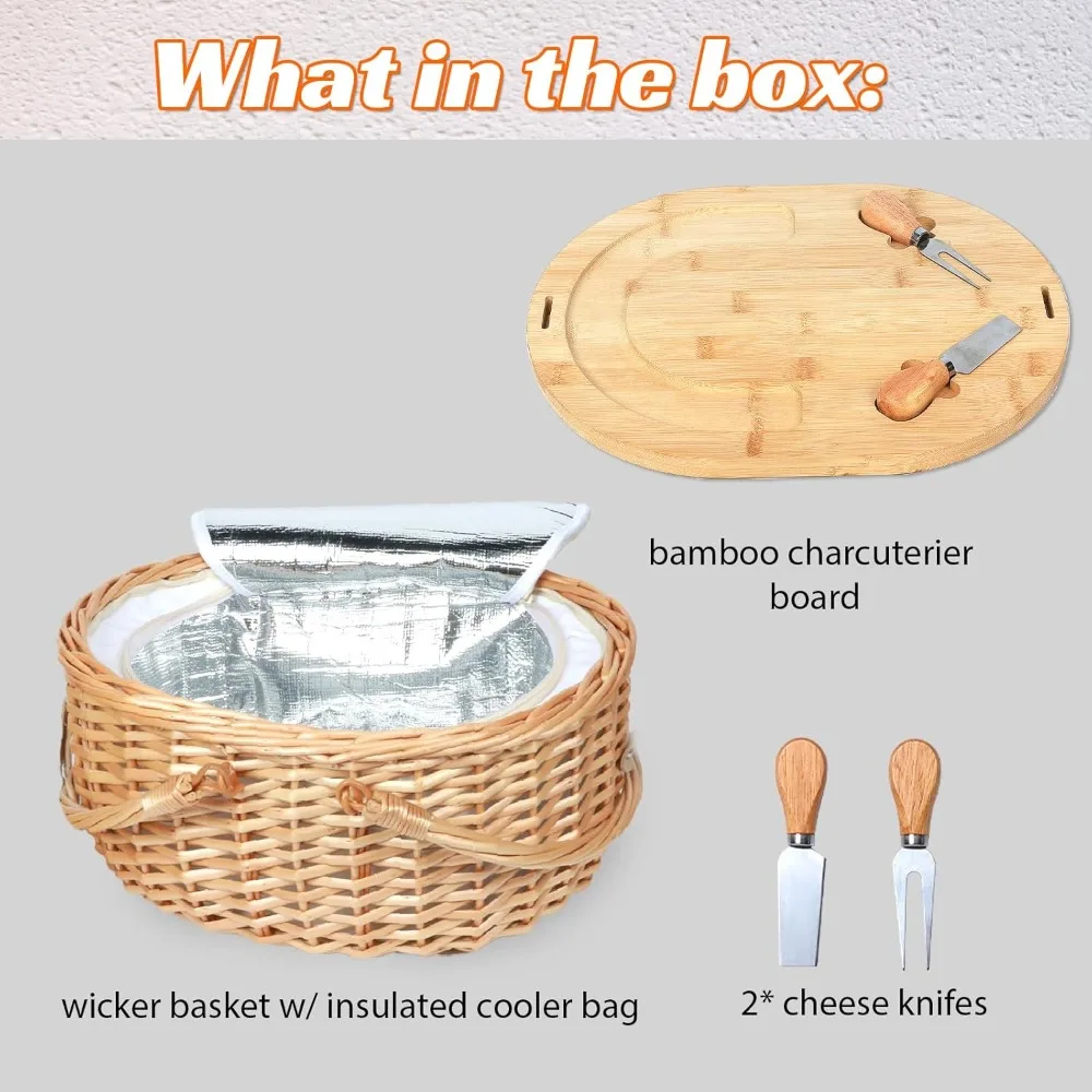 مجموعة سلة نزهة من الخيزران المحمولة مع لوح تقطيع وبطانية - هدية مثالية للأزواج وحفلات الزفاف والنزهات العائلية