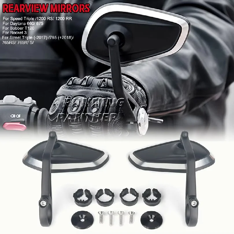 New Motorcycle Handlebar Rearview Side Mirrors Bar End Mirror Kit For Street Triple S 765 765RS 765R Bobber T120 Daytona 660 675
