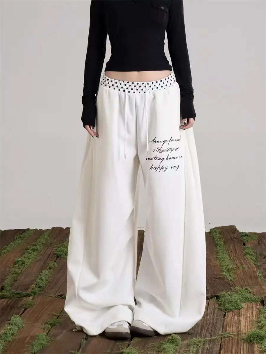 Women's Polka Dot Pattern Splicing Design Sweatpants Girl Wide-leg Casual Pants Summer Bottoms Female High Waisted Trousers