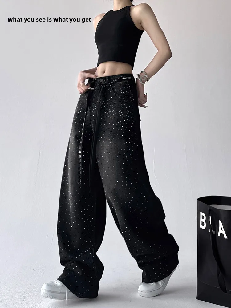 

High Waist Heavy Embellied Star Denim Jeans Women's Spring Autumn New Loose Faion Long Leg Cotton Stretch Denim Pants
