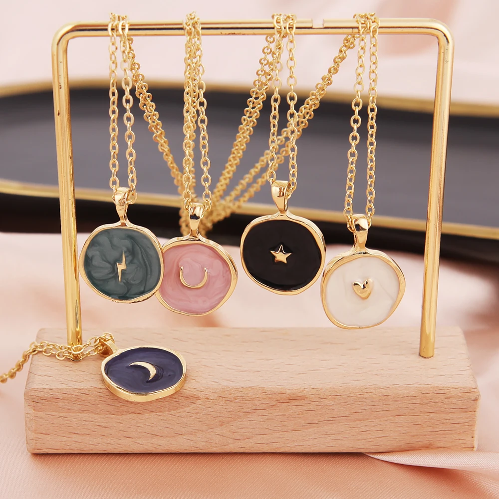 Colorful Moon Star Lightning Pendant Necklaces For Women Girls Enamel Fashion Party Daily Jewelry Trendy Clavicle Chain Necklace