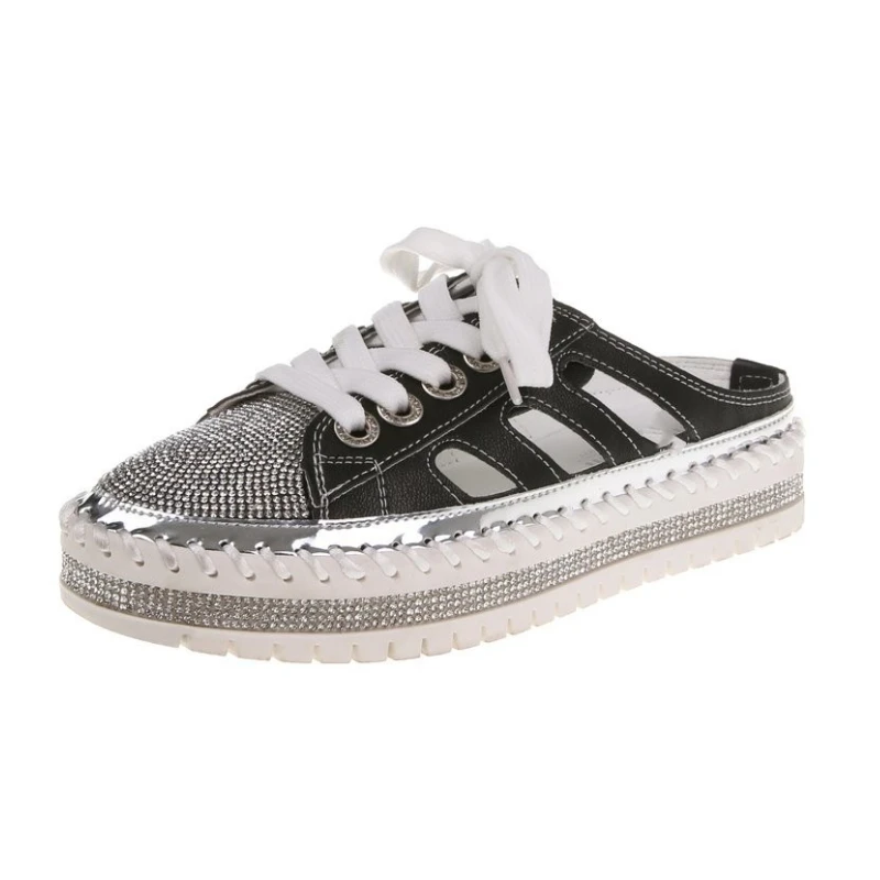 2024 New Fashion Flat Platform Half Slippers Women Summer Couple Bling Mules Crystals Lace-up Shoes Slides beach slipper