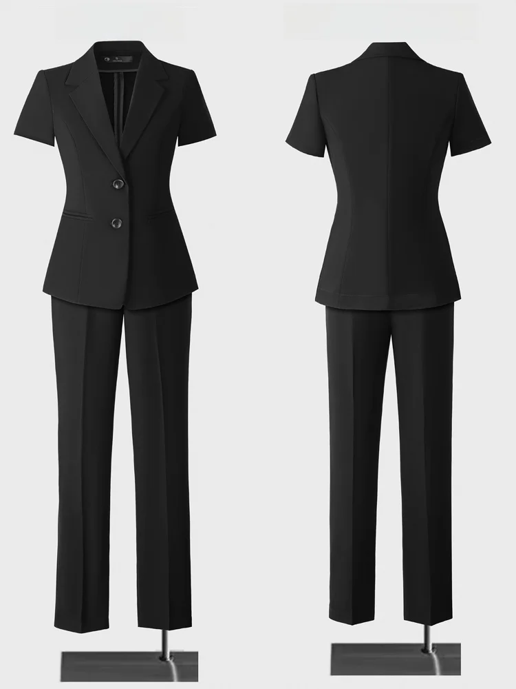 

Женский деловой костюм-двойка с тонкими пуговицами для лета: для собеседований, работы, профессионального стиля, для менеджеров отелей, с коротким рукавом