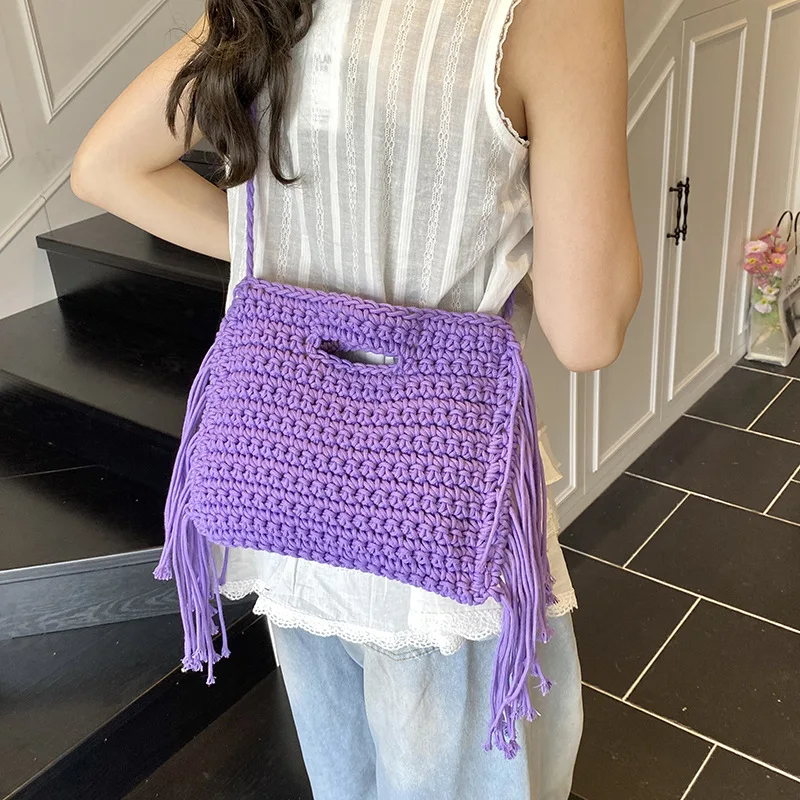 2025 Summer New Hand-weave Handbags For Women Fashion Beige Khaki Yellow Tassell Tote Shoulder Bags Crossbody Ladies Beach Bag