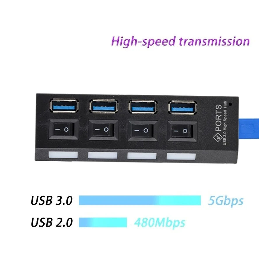 Répartiteur USB 3.0 haute vitesse avec interrupteur pour ordinateur portable, adaptateur secteur, extenseur multiple, 4 ports, 5Gbps, 3 Hab