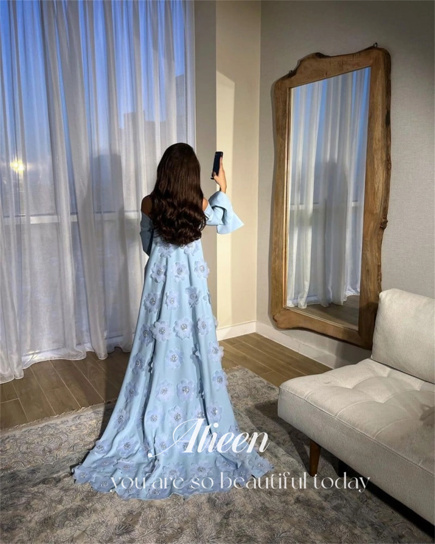 Aileen Eid Dress Sky Blue 3D Flowers Shawl Long Luxury Evening Dresses Party Women Women\'s Suitable Request Formal Wedding Bride