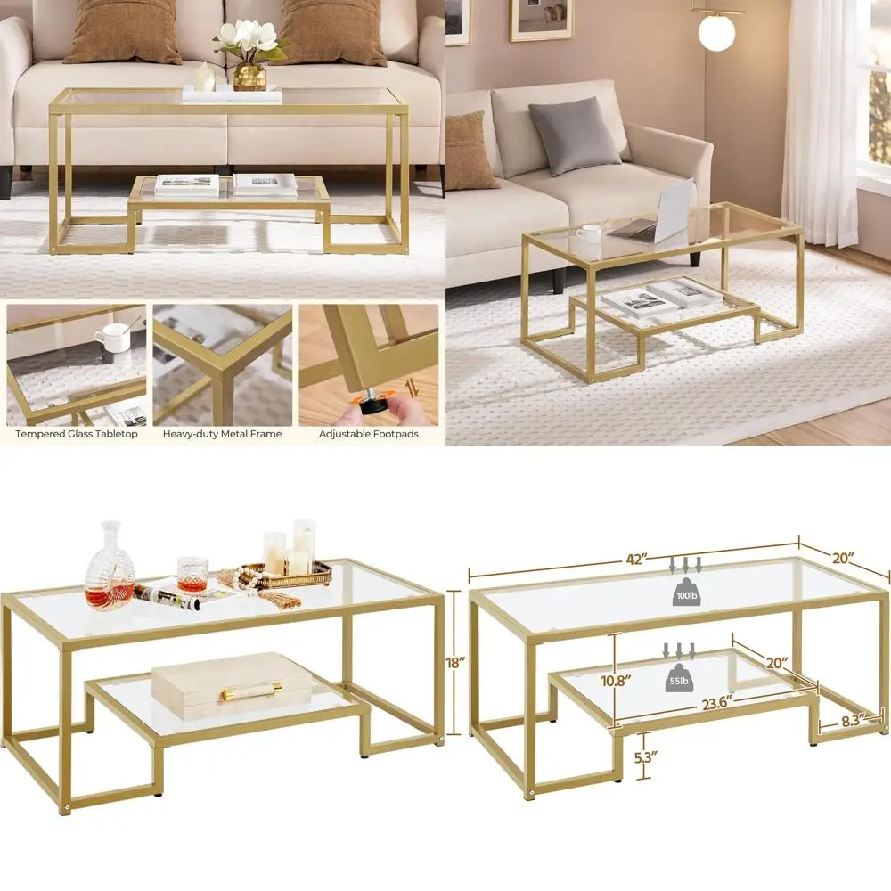 

42 Modern Glass Coffee Table with 2-Tier Storage for Living Room and Small Spaces