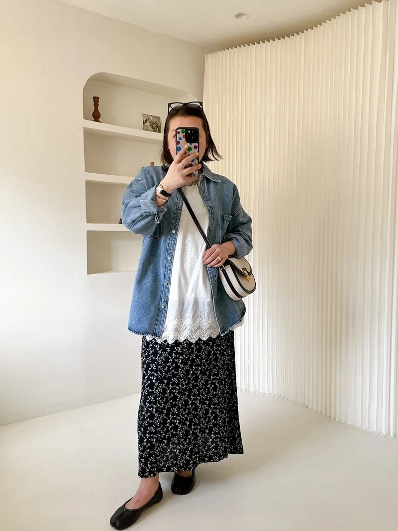 

Loose Casual Denim Shirt Women's plus Size Spring Korean Style Tag Casual Shirt Rose Sister 43642B Daily Wear