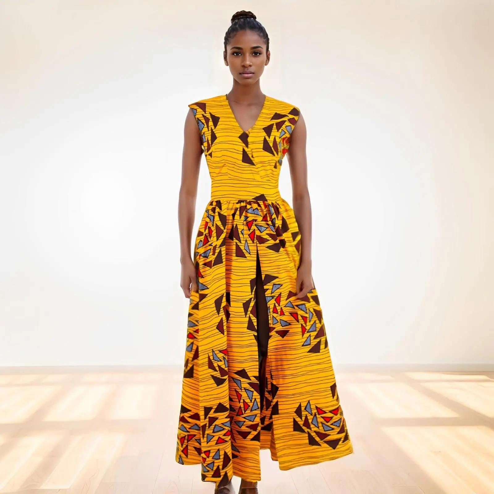 Afripride African Women's Ankara Dress Customized V-Neck Front Split Not Included Pants, Sexy Sleeveless Dress 2425010