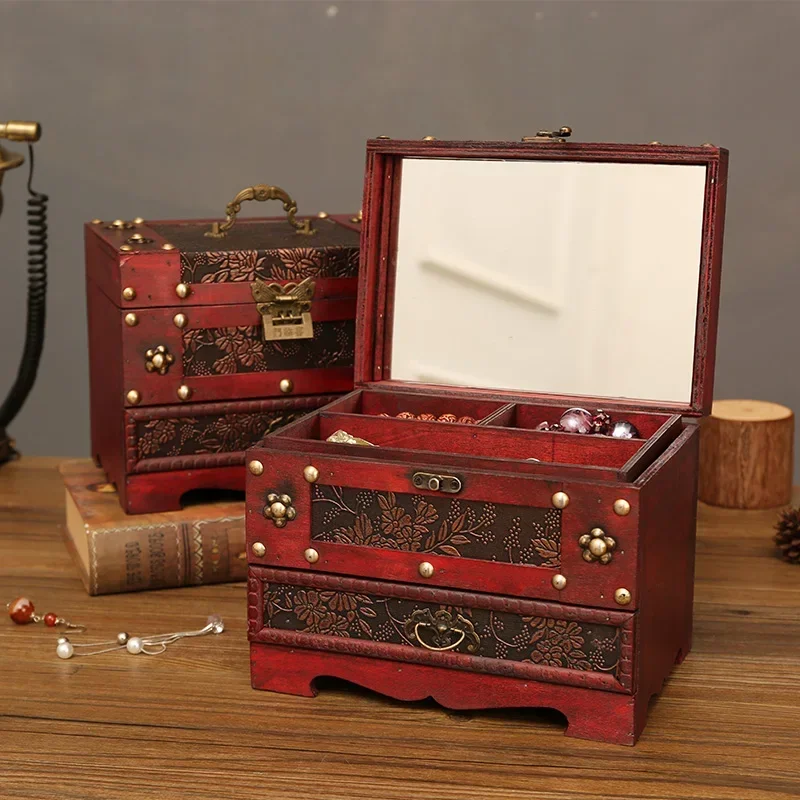 

Jewelry Storage Box, Chinese Wooden Lock Organizer, Headdress Ring Bracelet Holder, Exquisite Retro Craftsmanship