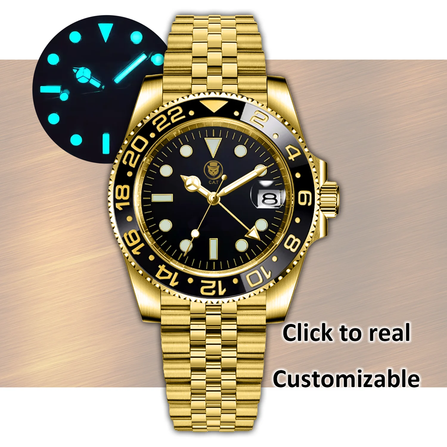 GMT ساعة NH34 ساعات أوتوماتيكية للرجال فاخرة الذهب الفولاذ المقاوم للصدأ مقاوم للماء الأزرق مضيئة للتخصيص ساعة C.A.T WWA0007