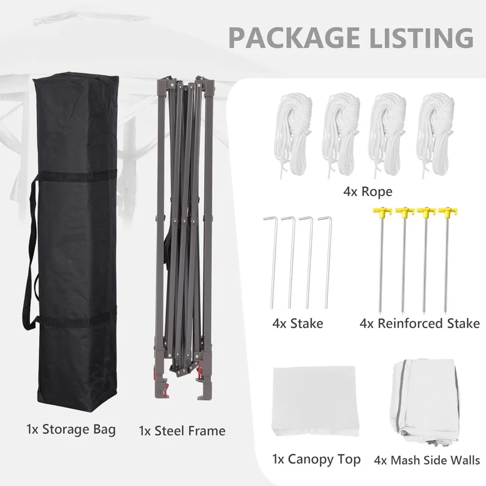 خيمة بمظلة منبثقة مقاس 11 × 11، مظلة خارجية مع شبكة، شرفة خارجية للفناء الخلفي، خيمة مع حقيبة بغطاء بعجلات، أبيض. #2