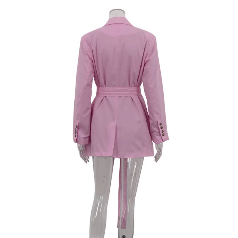 Eeovni moda rosa linho blazer casaco feminino gola entalhada cinto reunido cintura jaqueta versátil 2025 verão novas roupas