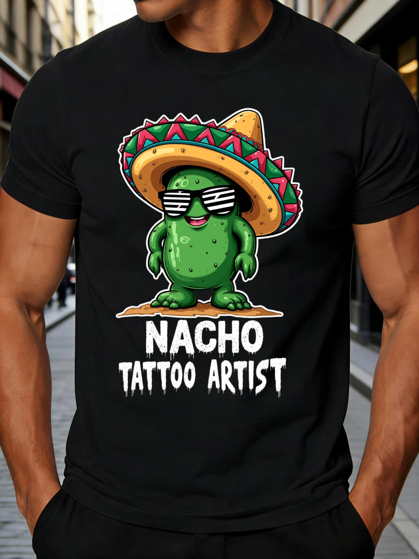 Cute Cartoon Cactus Wearing a Mexican Hat and Sunglasses, Men's T-Shirt Designed by Tattoo Artist Nacho, Fun Summer Gift for Friends and Family