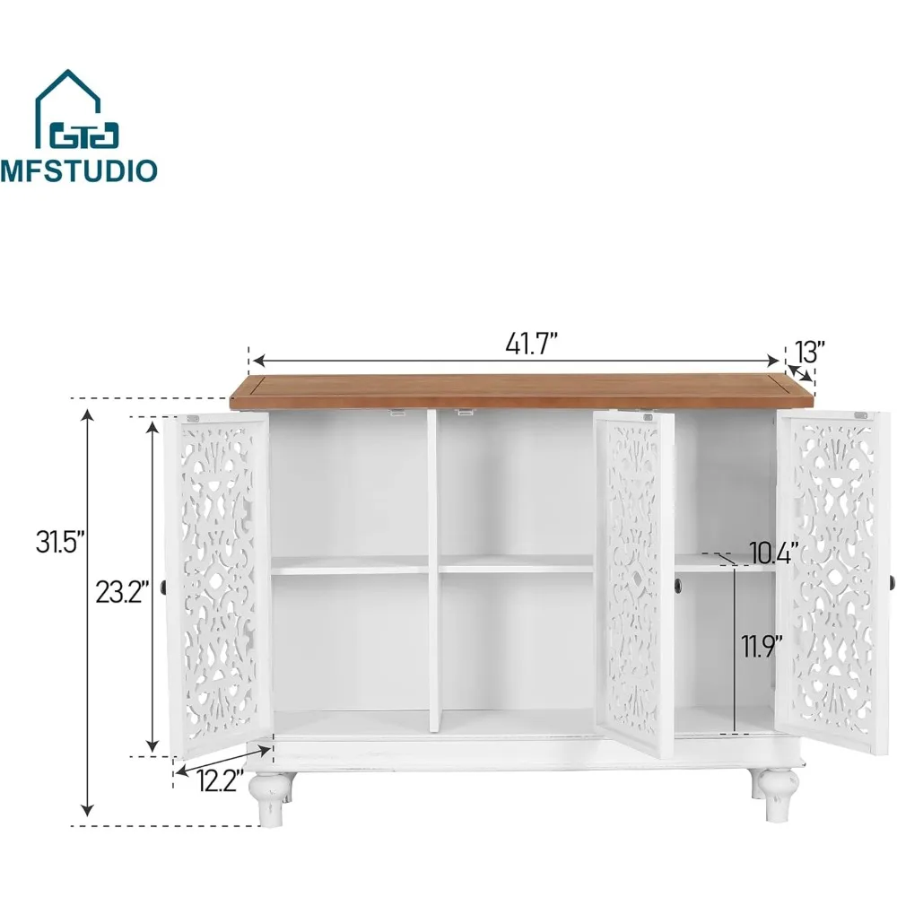 MFSTUDIO Accent Wood Storage Cabinet, Large Farmhouse Hollow-Carved Buffet Sideboard with 3 Doors Decorative Storage Cabinets Fo