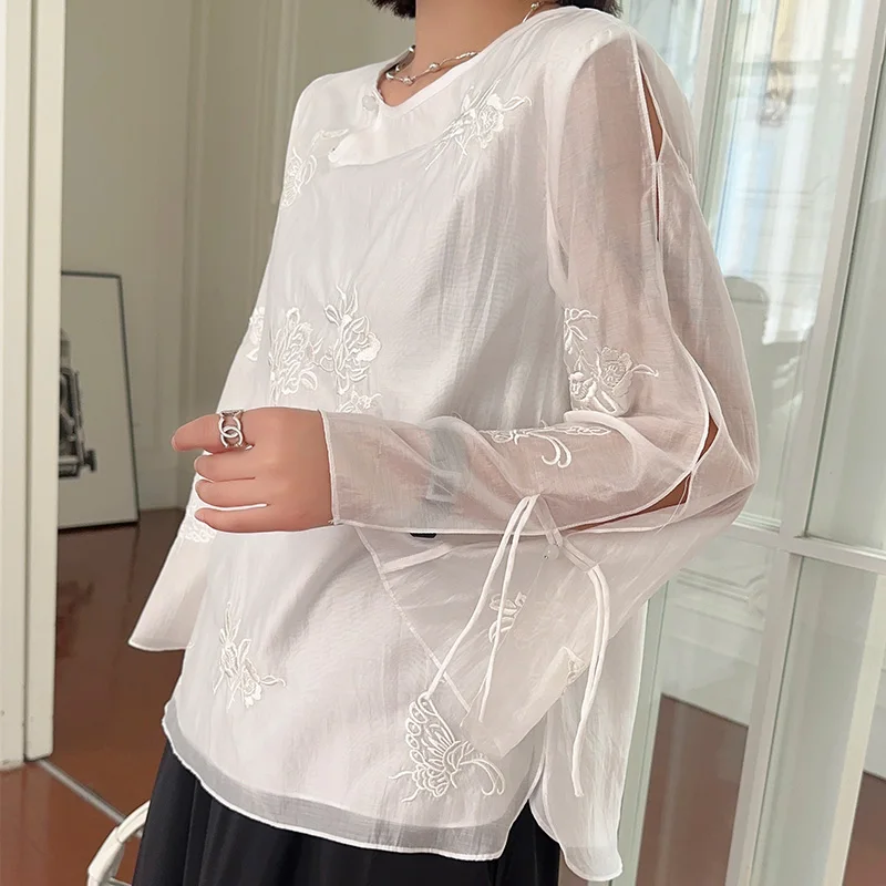 Chinese Style Embroidered Cheongsam Shirt Round Neck Slit Long Sleeve Spring Autumn Vintage Women's Clothing Chic Fairy Blouse