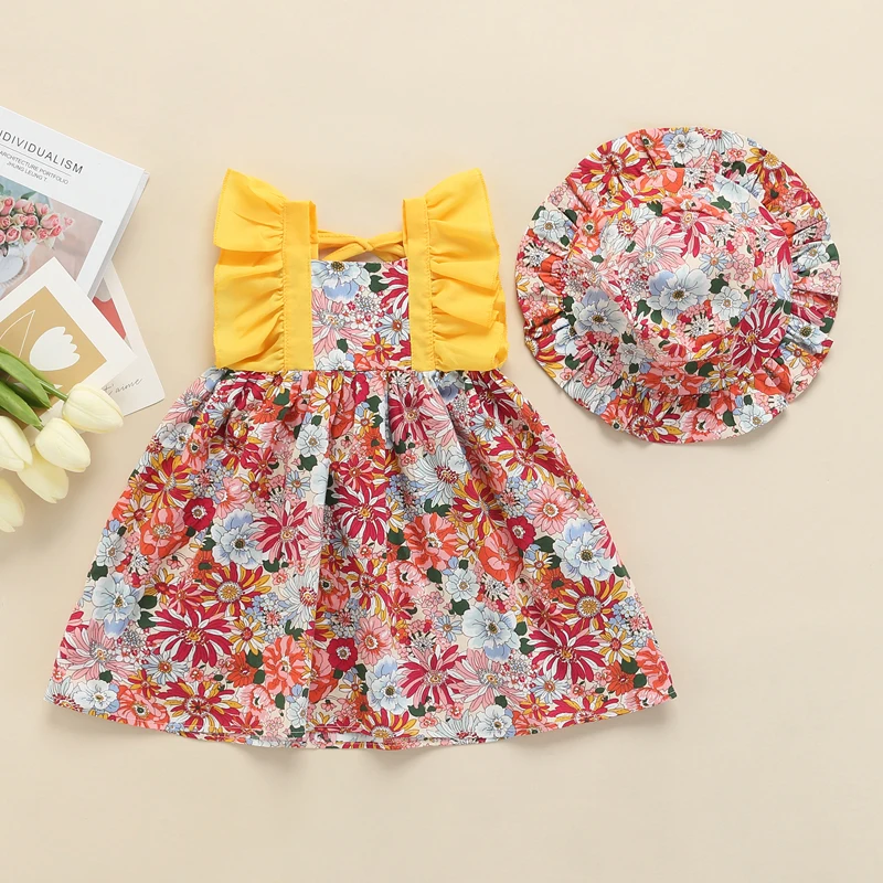 OPPERIAYA Baby Girls Clothes Spring Patchwork Dress Ruffle Sleeve Fragmented Floral A-Line Dress + Floral Hat Sets for Children