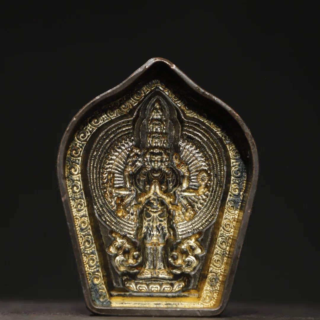 4"Old Bronze Gilded Cinnabar 1000 arm Guanyin Standing Buddha mold Tools for making Buddha statues Worship Hall Town house