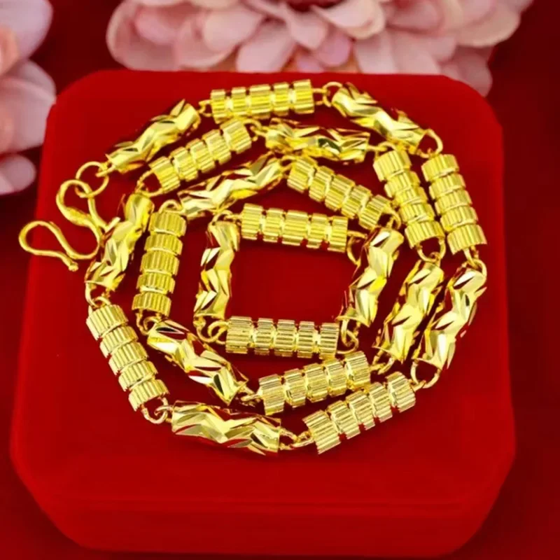 High quality neck jewelry 24K gold 999 mens hexagonal bamboo necklace AU750 chain human pulse luxury quality jewelry  8mm  60cm